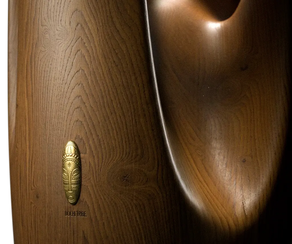 Bochi Tribe brass detail on wooden lamp